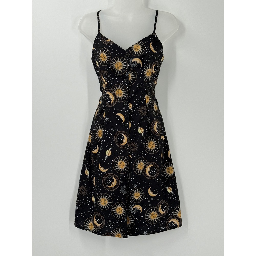 Celestial Sun Moon Star Print Button Front Cami Dress sz S Whimsigoth y2k 90s